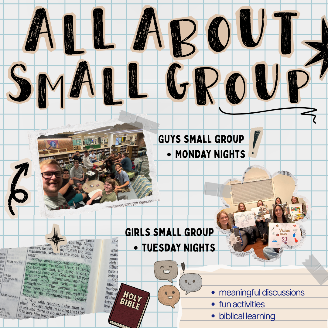 All About Small Group — guys small group Monday nights, girls small group Tuesday nights